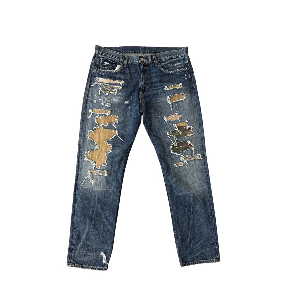 Distressed Blue Women’s Jeans with Patchwork Detail